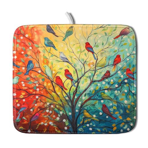 Colorful Spring Summer Tree Bird Dish Drying Mats for Kitchen Counter 16”x18” Absorbent Reversible Microfiber Spring Floral Dish Drying Pad Seasonal Flowers Mat Dish Draining Mat for Countertop Decor