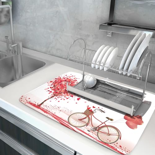 Romantic Valentine's Day Dish Drying Mat for Kitchen Valentines Bike and Tree Dish Drying Pad 18x24 Absorbent Reversible Happy Valentine Dishes Drainer Pad Holiday Dish Drying Rack Mat for Countertop