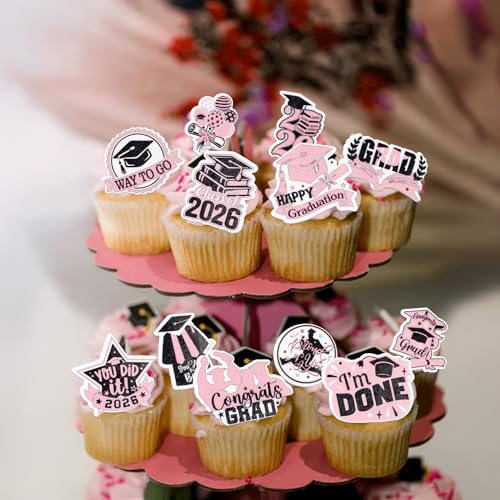 48Pcs Edible Graduation Cap 2026 Cupcake Toppers Wafer Paper Grad Cap Diploma Cake Decoration Picks for 2026 Grad Theme Party Cake Decor Supplies Black Pink (48 Count)