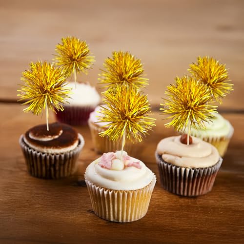 30Pcs Foil Firework Cupcake Toppers Sparkle Tinsel Cake Toppers Tinsel Drink Cake Decoration Cocktail Picks for Birthday Wedding Graduation Party Supplies Dark Gold (30 Count)