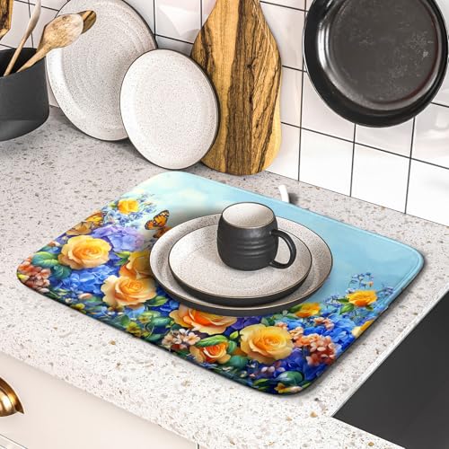 Spring Blue Yellow Hydrangeas Flowers Dish Drying Mat for Kitchen Counter