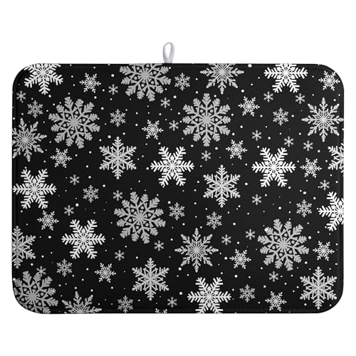 Winter Snowflake Black Dish Drying Mat Christma Snowflakes Large Kitchen Mats Dish Drying Pad Absorbent Dish Dryer Mat for Kitchen Countertops Microfiber Drainer Pad Dish Drying Mats