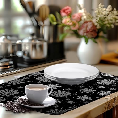 Winter Snowflake Black Dish Drying Mat Christma Snowflakes Large Kitchen Mats Dish Drying Pad Absorbent Dish Dryer Mat for Kitchen Countertops Microfiber Drainer Pad Dish Drying Mats