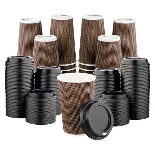 16 oz Disposable Paper Coffee Cups with Lids Insulated Double (340 Count)