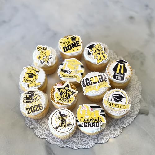 48Pcs Edible Graduation Cap 2026 Cupcake Toppers Wafer Paper Grad Cap Diploma Cake Decoration Picks for 2026 Grad Theme Party Cake Decor Supplies Gold White (48 Count)