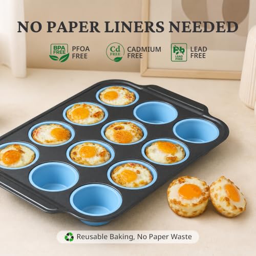 2 Pack 12 Cup and Mini 24 Cup Silicone Muffin Pans for Baking with Metal Frame (2 Count)