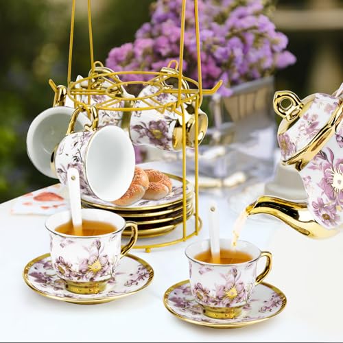 20 Pcs Porcelain Tea Set with Metal Holder (20 Count)