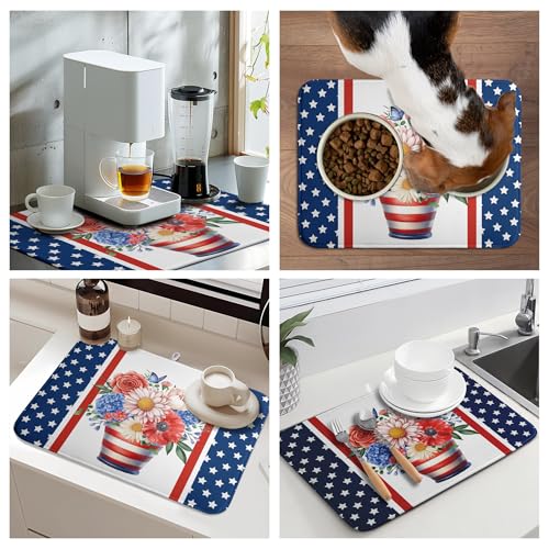Patriotic Floral Summer Dish Drying Mats 4th of July Butterfly Flowers Dish Mat Kitchen Large Drying Matt Dishes Dryer Pad for Kitchen Counter Absorbent Microfiber Washable Foldable Reusable 18x24 in