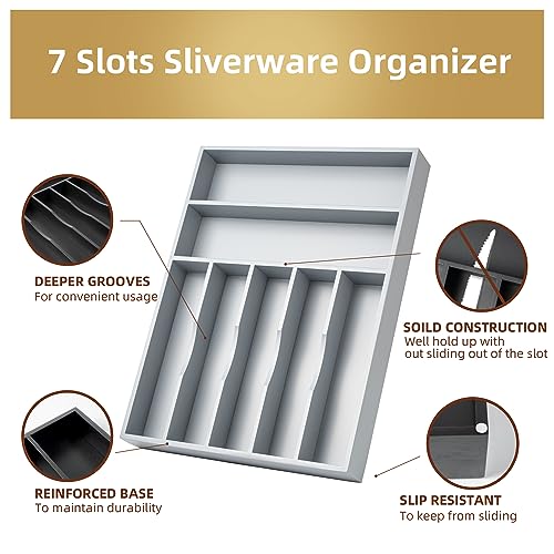 Bamboo Silverware Holder Drawer Utensil Organizer with 7 Slots Gray