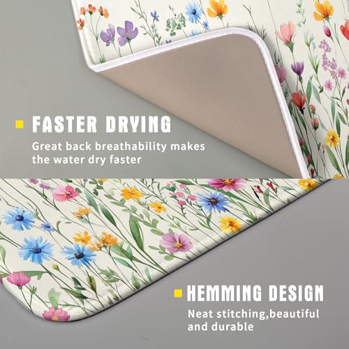 Spring Floral Dish Drying Mat 16"x18" Watercolor Summer Wildflower Dish Drainer Mats Herb Flower Reversible Absorbent Dish Drying Pad Decor for Kitchen Countertop Dining Room