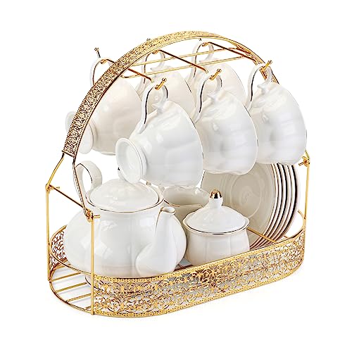 Tea Set 22 Piece Porcelain Ceramic Coffee Tea Gift Sets Cups Saucer Service for 6 Teapot Sugar Bowl Creamer Pitcher and Teaspoons (22 Count)
