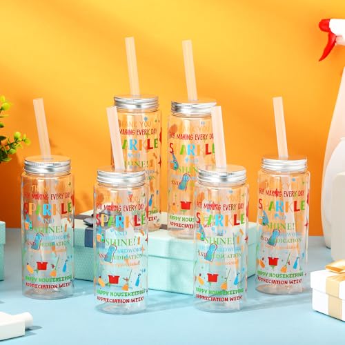 12 Pcs Housekeeping Week Gift 14.2oz Thank You Gifts Inspirational Tumbler with Lid and Straw Plastic Reusable Tumbler Bulk Cold Drinking Cup for Women Men Coworker Stuff (12 Count)