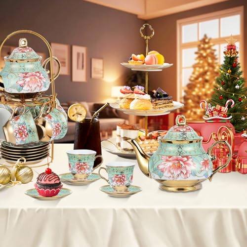 20 Pcs Porcelain Tea Set with Metal Holder (20 Count)