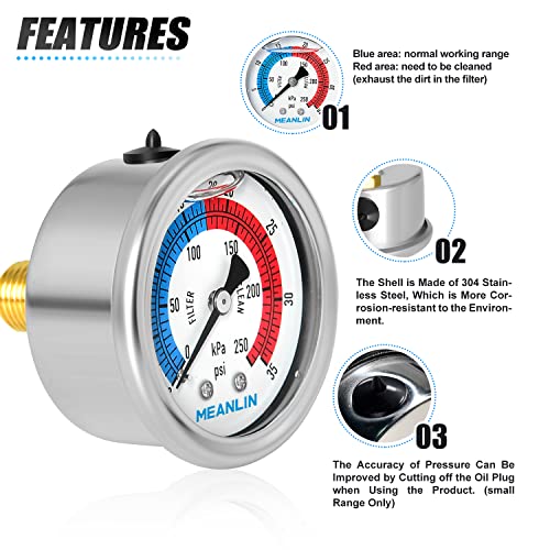 1/4" NPT 0-35psi Pressure Gauge, 2" Dial Glycerine Filled Pool Filter, 304 Stainless Steel Housing, Back Mount, with 1/2" NPT and 3/8" NPT Hex Bushing