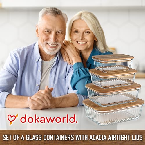 Ribbed Glass 4 Stackable Meal Prep Containers with Acacia Lids