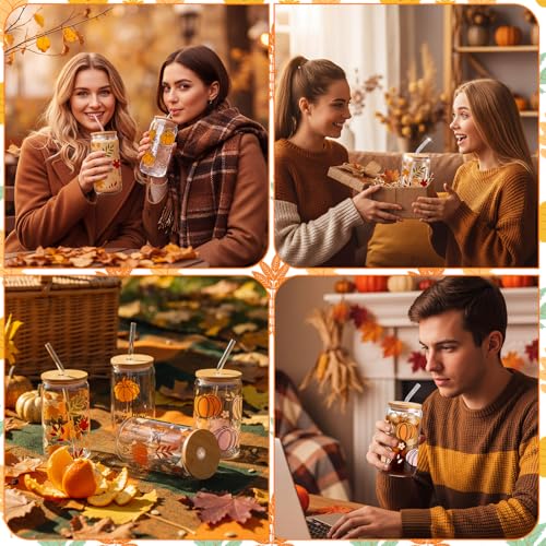 12 Pcs Fall Glass Cups with Lids and Straws 16 oz Autumn Pumpkin Leaves Coffee Tumblers Cozy Fall Drinking Cups Aesthetic Thanksgiving Gifts Bulk for Women Her Adults Party Favors (12 Count)