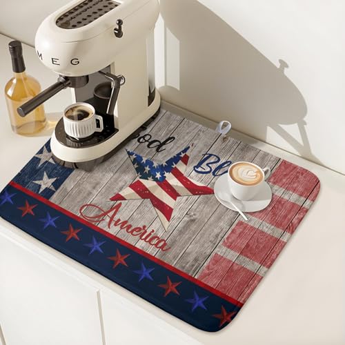 4th of July Dish Drying Mat 16x18 Inch Patriotic God Bless America Memorial Kitchen Mats Independence Day Absorbent Dishes Pad for Kitchen Counter USA Star Drying Mat Home Decor for Countertop