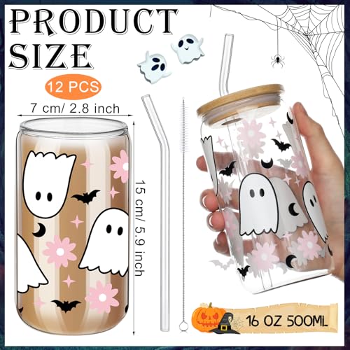 12 Pcs Halloween Ghost Glass Cups Bulk 16 oz Cute Pink Spooky Iced Coffee Cup with Lids Straws Pastel Pumpkin Bat Tumbler Funny Halloween Mug Gifts Boo Basket Stuffers for Her Women Adults (12 Count)