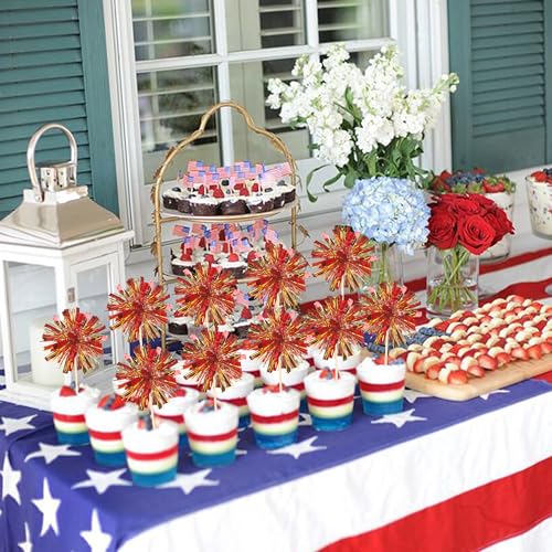 30 PCS Foil Firework Cupcake Toppers Sparkle Tinsel Cupcake Picks Happy Birthday Cake Decorations Drink Stirrers Cocktail Food Fruit Toothpicks for Baby Shower Graduation Party Supplies Red Gold (30 Count)