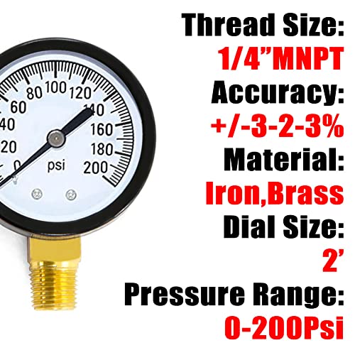 1 4" NPT 200Psi Steel Economical All Purpose Pressure Gauge with Brass Internals 2" Dial Display Bottom Mount