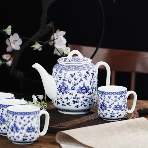 Chinese Blue and White Porcelain Teapot Set Traditional Kung Fu Tea Sets with 6 Cups for Loose Leaf Tea Adults