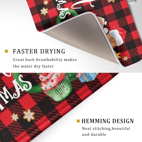Gingerbread Man Dish Drying Mat Large 18x24inch Have A Sweet Christmas Red Black Buffalo Plaids Dish Drainer Mats Winter Hot Cocoa Cookies Fast Drying Dish Drying Pad for Kitchen Counter