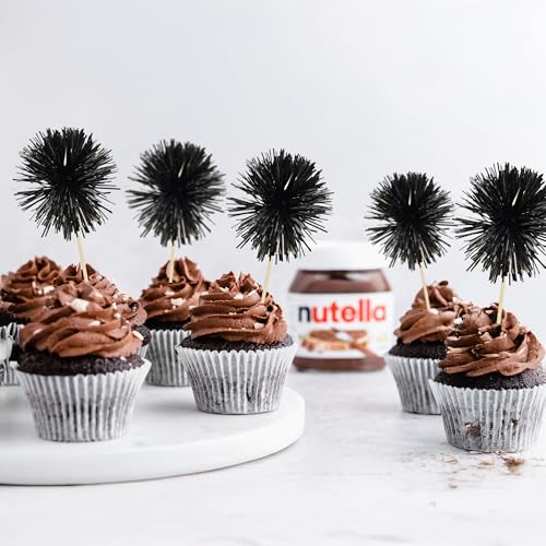30Pcs Foil Firework Cupcake Toppers Sparkle Tinsel Cupcake Picks Happy Birthday Cake Decorations Drink Stirrers Cocktail Food Fruit Toothpicks for Baby Shower Graduation Party Supplies Black (30 Count)