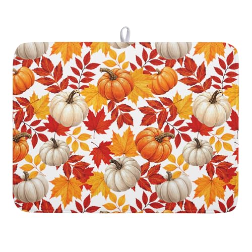 Fall Pumpkin Dish Drying Mat for Kitchen Counter 18x24 Inch Autumn Pumpkins Maple Leaves Drying Mats Thanksgiving Absorbent Reversible Dish Pad Fast Dry Drainer Mat Protector for Countertop Coffee Bar