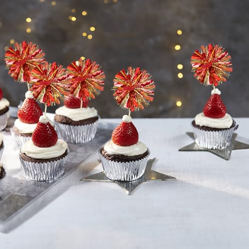 30Pcs Foil Firework Cupcake Toppers Sparkle Tinsel Drink Birthday Cake Decorations Cocktail Food Fruit Toothpick for New Years Wedding Birthday Party Decorations Gold Red (30 Count)