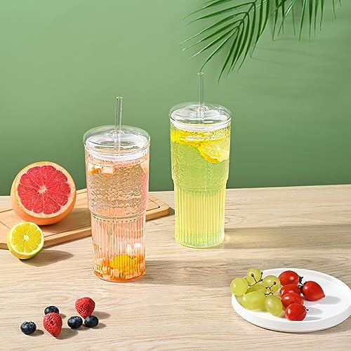 2‑Pack 20oz Borosilicate Glass Tumblers with Glass Lid & Straw