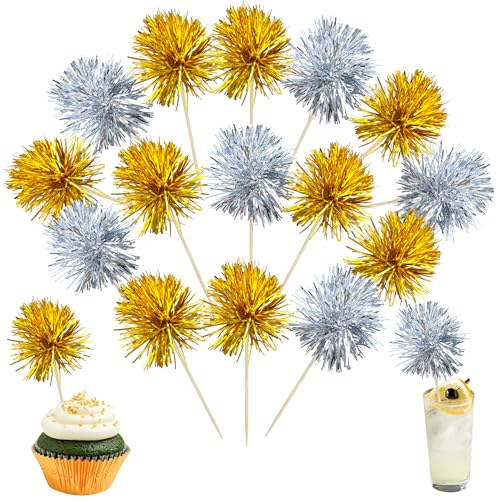 30Pcs Foil Firework Cupcake Toppers Party Birthday Cake Toppers Supplies Sparkle Tinsel Cocktail Fruit Toothpick for Birthday Wedding Graduation Party Supplies Gold Silver (30 Count)