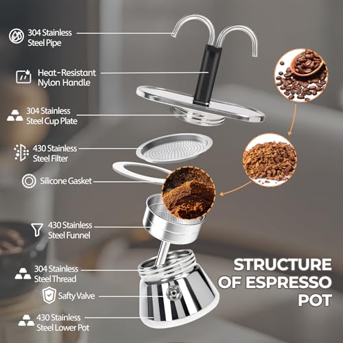 Uncoated 2 Cup Dual Pipe Moka Pot 304 Thickened Stainless Steel
