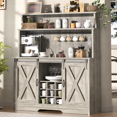 Farmhouse Coffee Bar Cabinet with 3 Tier Storage Hutch