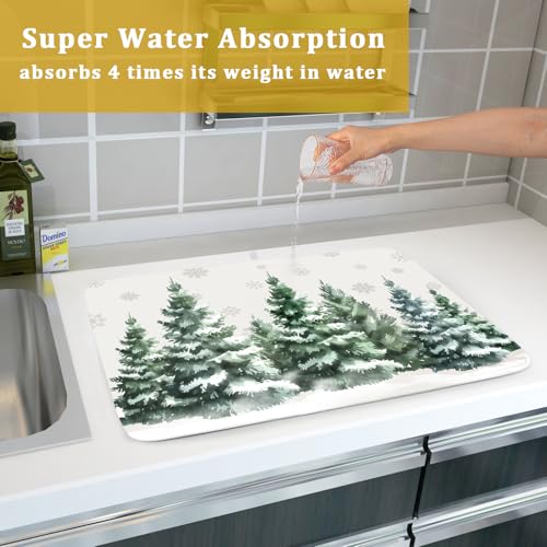 Winter Pine Tree Dish Drying Mat for Kitchen Counter 18x24 Inch Winter Decorative Dishes Mats Winter Absorbent Reversible Kitchen Drainer Pad Christmas Decorations Fast Dry Tableware Dishes Pad