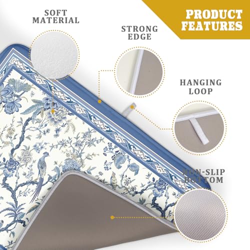 Chinoiserie Dish Drying Mat 18x24in Blue White Oriental Floral Birds Kitchen Drainer Mats Porcelain Flowers Absorbent Microfiber Dish Drying Pad Large for Countertop Home Decor
