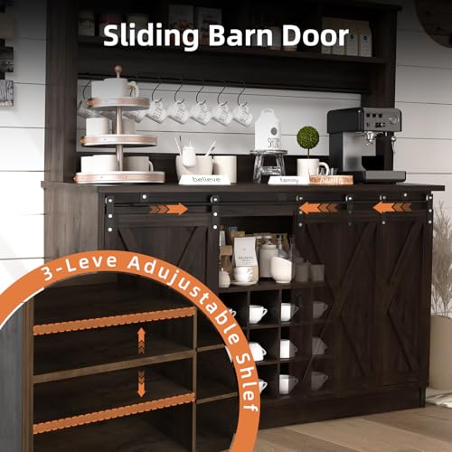55” Farmhouse Coffee Bar with 4 Tier Storage Hutch