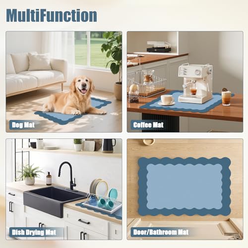 Blue Scalloped Coffee Mat for Countertop Coffee Bar Mat Matt