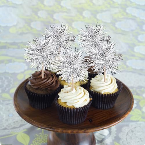 40 PCS Foil Firework Cupcake Toppers Fireworks Cupcake Picks Sparkle Tinsel Cake Decorations Cocktail Fruit Toothpick for Firework Theme Birthday Wedding Graduation Party Decorations Supplies Silver (40 Count)