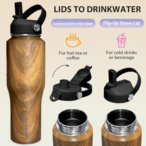 32oz Water Bottle Wide Mouth Stainless Steel Vacuum Insulated Double Wall with 2 Straw Lids Fit in Any Car Cup Holder