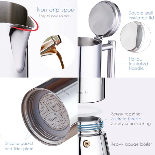 Diego Stovetop Espresso Maker Stainless Steel Italian Coffee Machine Maker 6Cup 10 oz Moka Pot Induction Espresso Pot