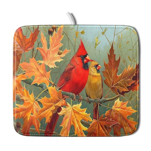 Fall Birds Dish Drying Mat 16x18 Inch Autumn Maple Leaf Tree Dish Drainer Mats Thanksgiving Decorative Microfiber Reversible Dish Drying Rack Pad Small for Kitchen Countertop Tabletop