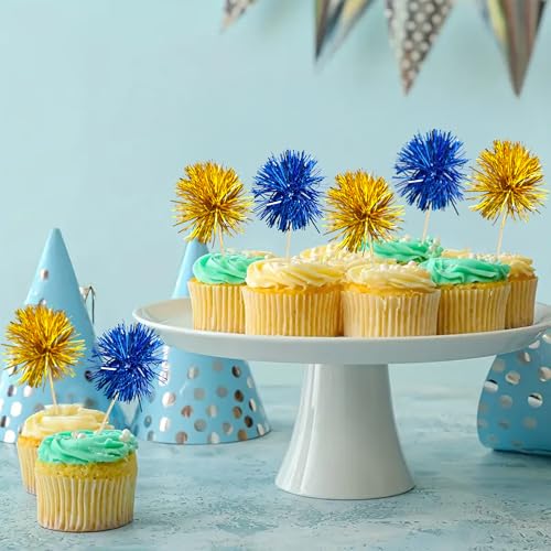 30Pcs Foil Firework Cupcake Toppers Sparkles Fireworks Sticks Birthday Decorations Sparkle Tinsel Cocktail Fruit Toothpick for Birthday Wedding Graduation Party Cake Decorations Dark Blue Gold (30 Count)