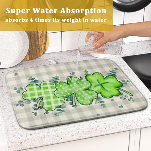 Patrick Dish Drying Mat for Kitchen Green Clovers Grey Buffalo Plaids Dish Drainer Mats 16x18inch Spring Leaf Dish Drying Rack Pad Protector for Countertop Dining Holiday Decor
