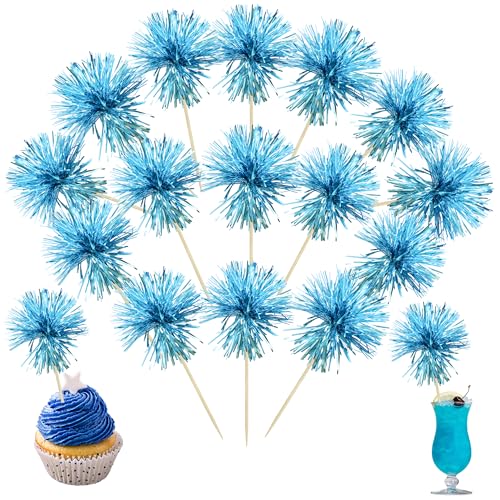 30Pcs Foil Firework Cupcake Toppers Sparkle Tinsel Cupcake Picks Happy Birthday Cake Toppers Drink Stirrers Cocktail Food Toothpicks for Baby Shower Birthday Party Supplies Lake Blue (30 Count)