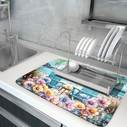 Spring Summer Sea Chair Dish Drying Mat for Kitchen Counter