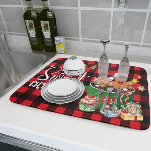 Gingerbread Man Dish Drying Mat Large 18x24inch Have A Sweet Christmas Red Black Buffalo Plaids Dish Drainer Mats Winter Hot Cocoa Cookies Fast Drying Dish Drying Pad for Kitchen Counter