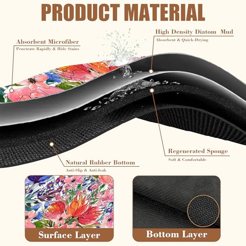 Dish Drying Mat Watercolor Colorful Floral Coffee Bar Mat for Countertop Absorbent Coffee Mat Rubber Backed Hide Stain Dish Drainer Rack Mat Coffee Maker Coffee Pot Dining Room Decor 11.8 x 19.7 Inch