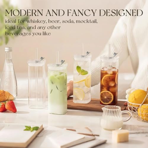 12 Sets Square Drinking Glass Cups with Lids & Straws