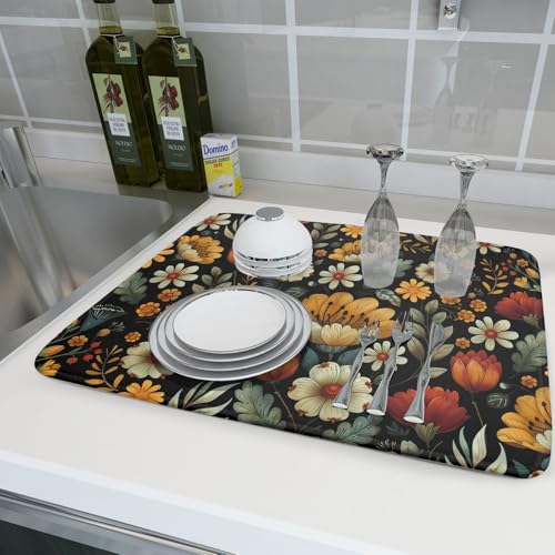 Vintage Boho Floral Dish Drying Mat for Kitchen Counter