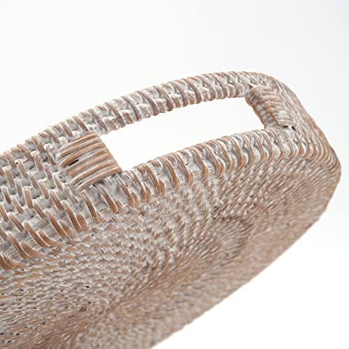 Round Rattan Serving Tray Decorative Woven Ottoman Trays with Handles for Coffee Table White